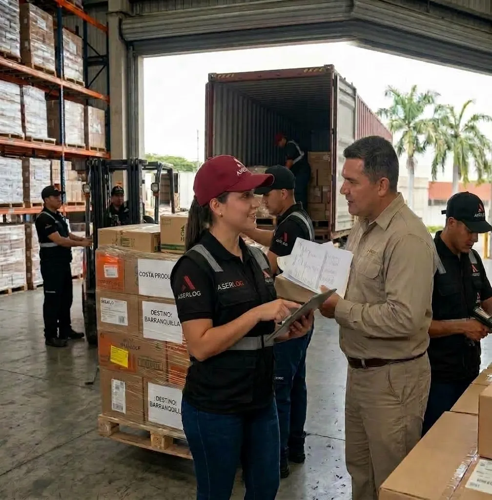 Coordinadora de ASERLOG revisa con un cliente el cargue de mercancía en bodega